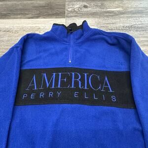 Vintage 90s Perry Ellis America Blue Black Mens L 1/4 Zip Fleece Mock Sweatshirt